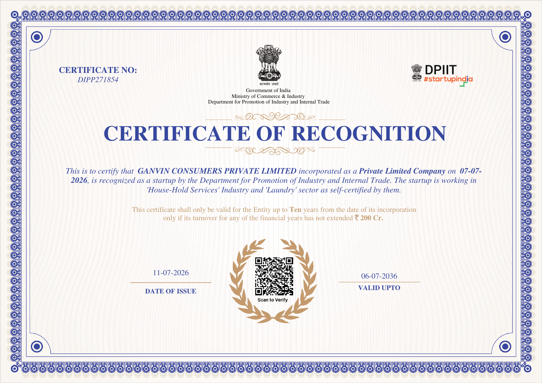 Startup India Certificate of Recognition for Ganvin Consumers Private Limited